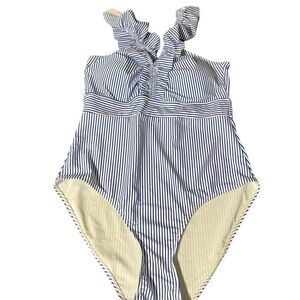 Hayden Blue and White Striped One Piece Ruffle Swimsuit